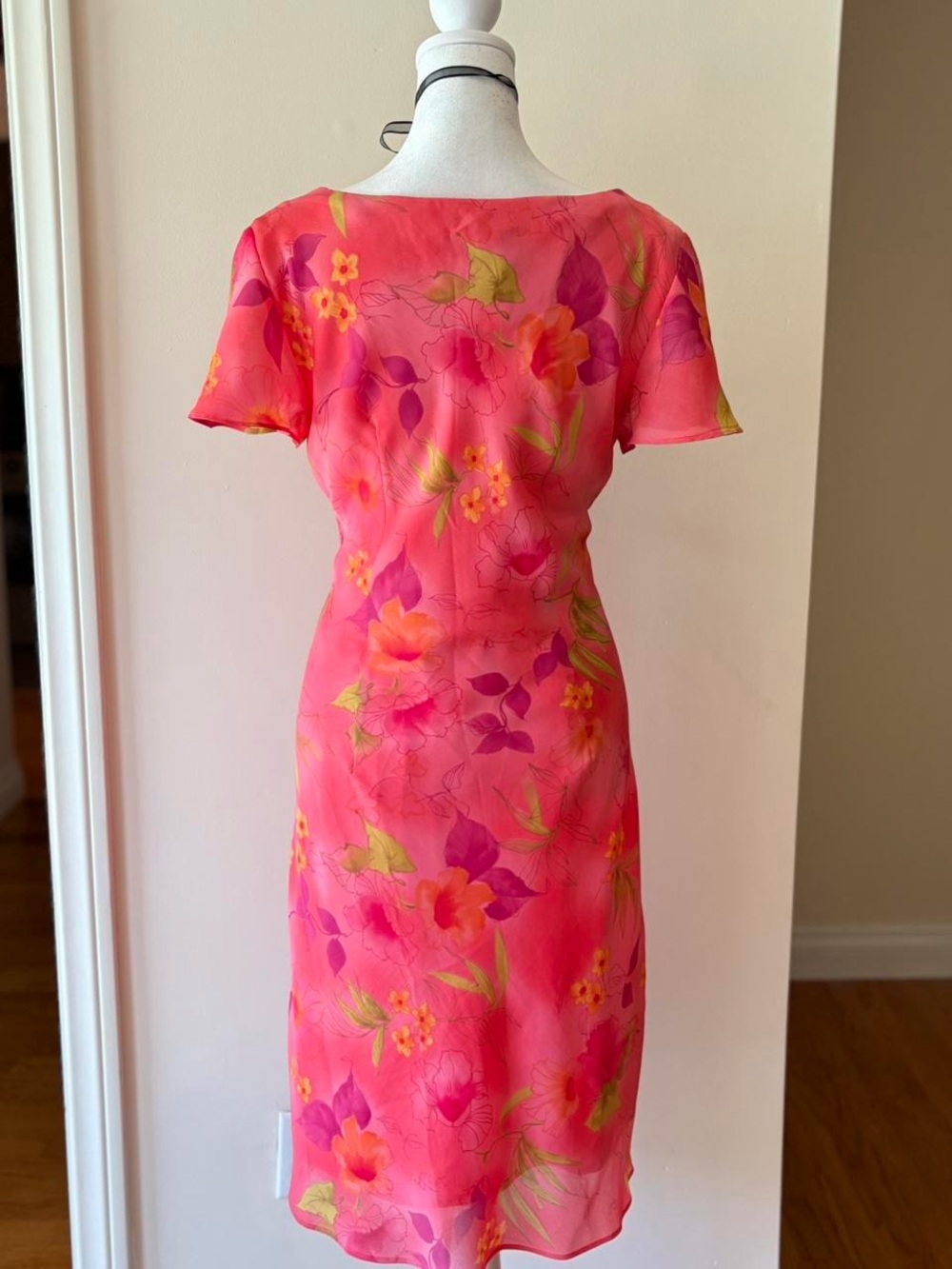 Vintage pink floral midi dress coquette fairy chiffon overlay 90s Y2K summer M - Picture 6 of 11